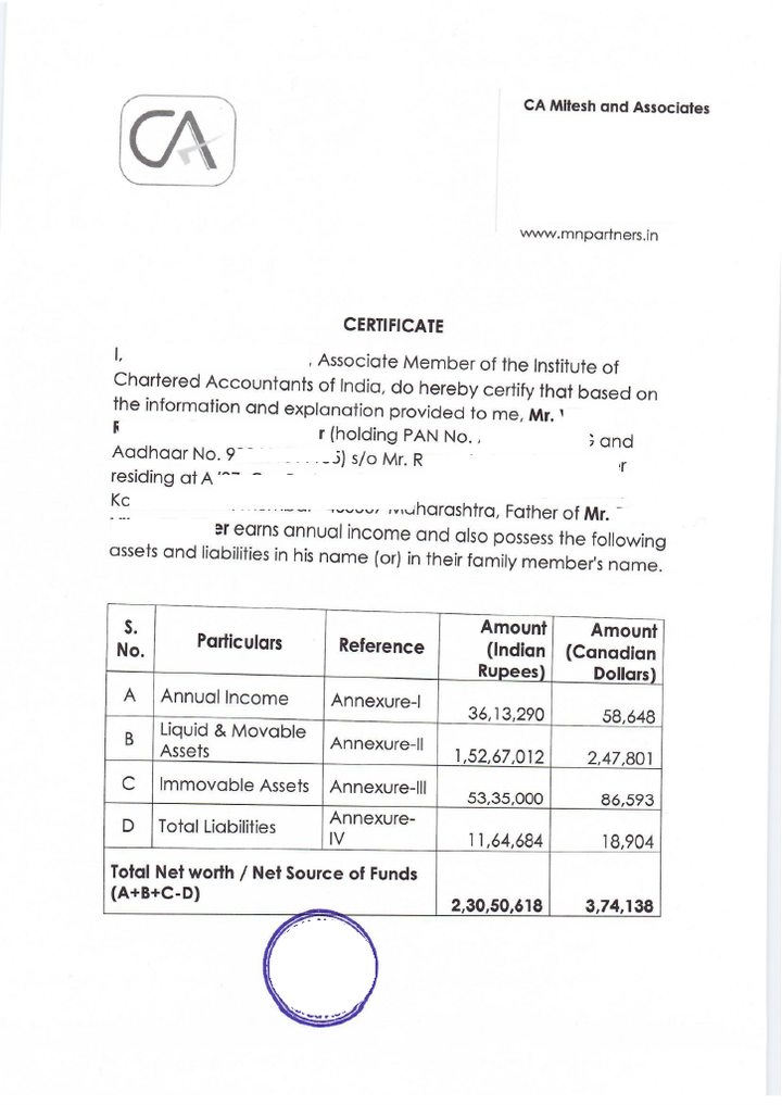 CA Report Visa Free Sample Page 1 | Networth Certificate | CA Certificate Visa | CA Report Student Tourist Visa | CA Certificate For Student & Tourist VISA | Free Certificate Samples | Free Evaluation | India