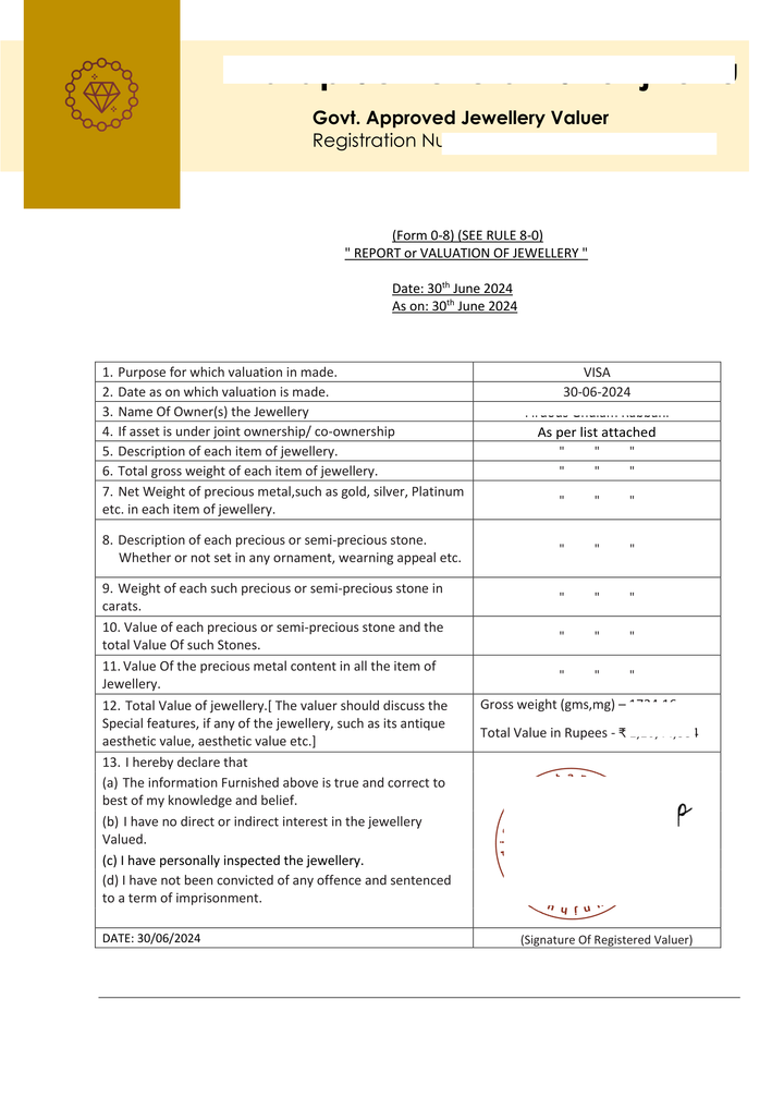 Sample Gold Valuation Report for CA Report Networth Certificate. A gold valuation report is an official document that estimates the value of your gold based on its weight, purity, and current market rates. It is typically prepared by a trusted appraiser or gold dealer experienced in valuing precious metals. This report serves as an accurate record of your gold's worth and is useful for visa purposes.