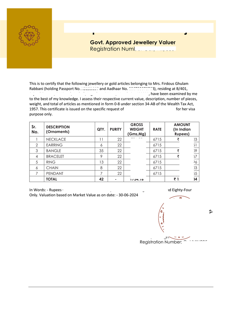 Sample Gold Valuation Report for CA Report Networth Certificate. A gold valuation report is an official document that estimates the value of your gold based on its weight, purity, and current market rates. It is typically prepared by a trusted appraiser or gold dealer experienced in valuing precious metals. This report serves as an accurate record of your gold's worth and is useful for visa purposes.