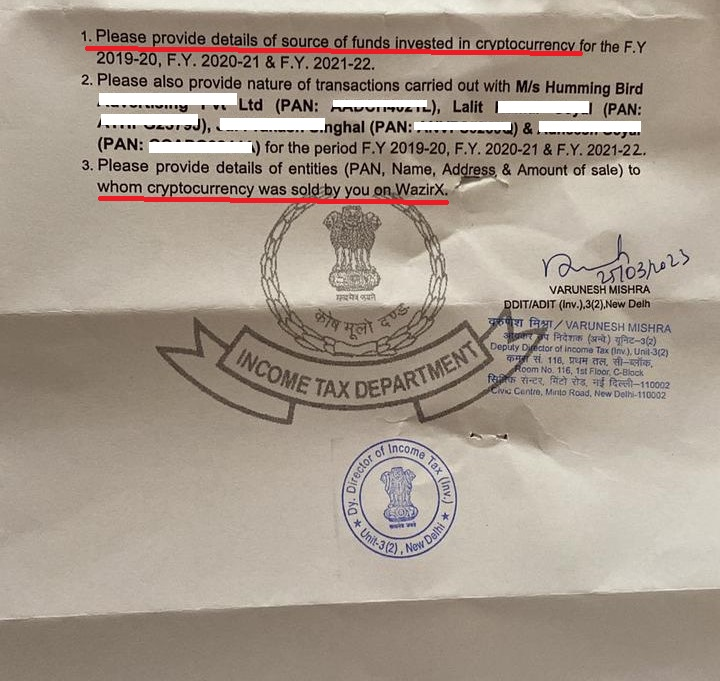 Managing and Responding to Income Tax Notices - Income Tax Summons for Crypto Sold on WazirX India 2023 : SUMMONS TO ASSESSEE/ WITNESS UNDER SECTION 131(1A) OF THE INCOME TAX ACT, 1961. -Whereas your attendance is required in connect on with the proceedings under the Income Tax Act. 1961 in your case.  You are hereby required to attend my office. CA Mitesh & Associates, Mumbai - India