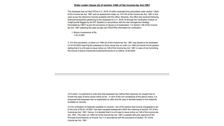 Managing and Responding to Income Tax Notices - Have the following information in your case or in the case of the person in respect of which you are assessable under the Income tax Act. Information flagged by the risk management strategy formulated in this regard suggesting that income chargeable to tax has escaped assessment within the meaning of section 147 of the Act. Order under sub-section (d) of section 148A of the Act has been passed in such case vide DIN ITBA/AST/F/148A/ dated 04/04/2023 and annexed herewith for reference