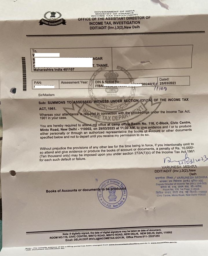 Income Tax Summons for Crypto Sold on WazirX India 2023 : SUMMONS TO ASSESSEE/ WITNESS UNDER SECTION 131(1A) OF THE INCOME TAX ACT, 1961. -Whereas your attendance is required in connect on with the proceedings under the Income Tax Act. 1961 in your case. You are hereby required to attend my office. CA Mitesh & Associates, Mumbai - India