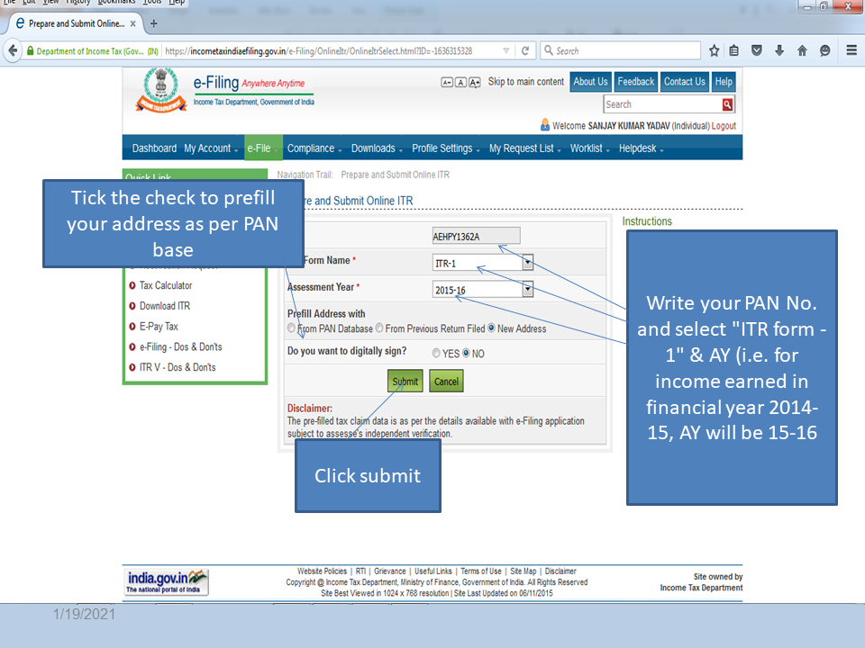 Select ITR Form and Assessment Year