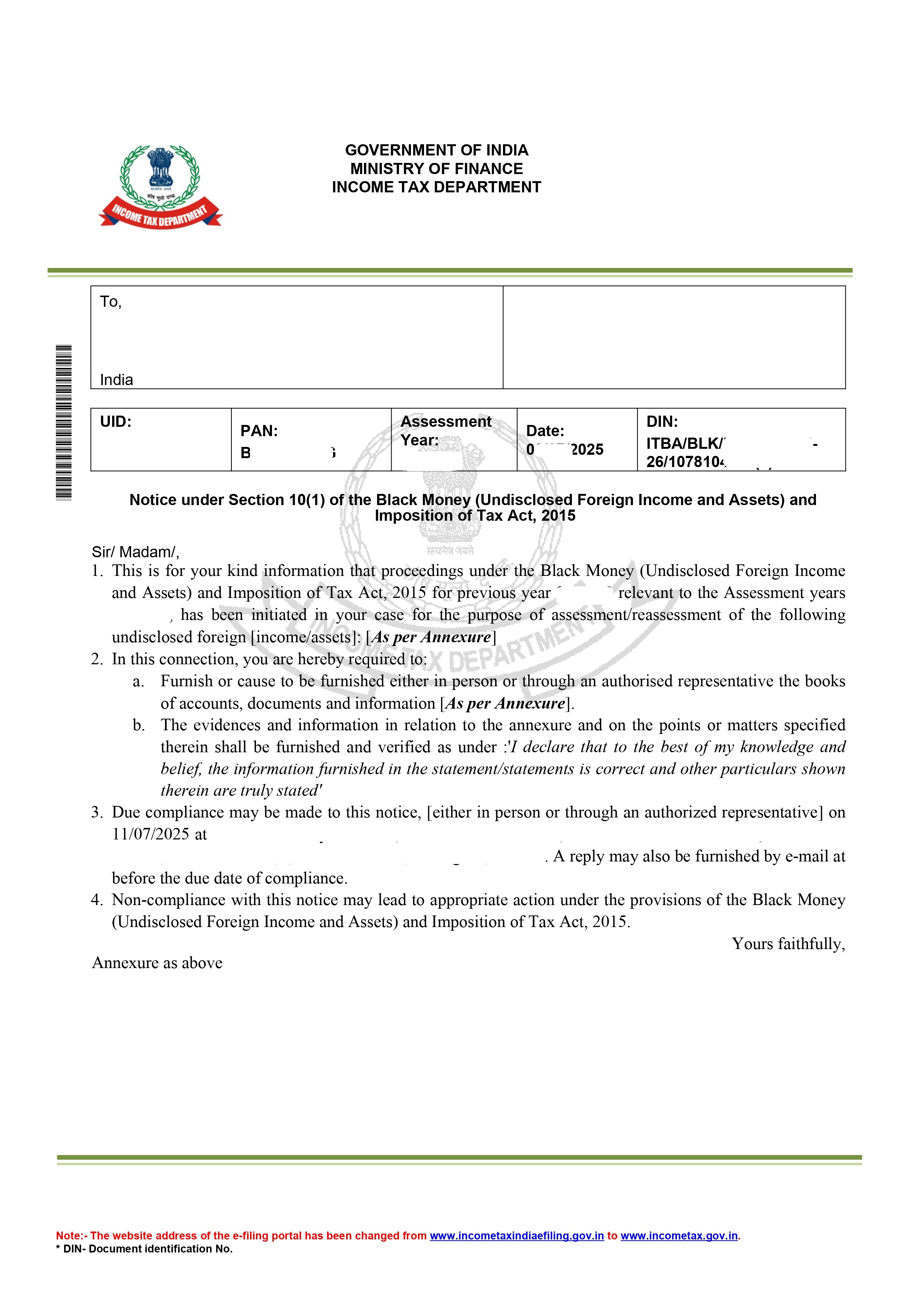 Notices under Black Money (Undisclosed Foreign Income and Assets)