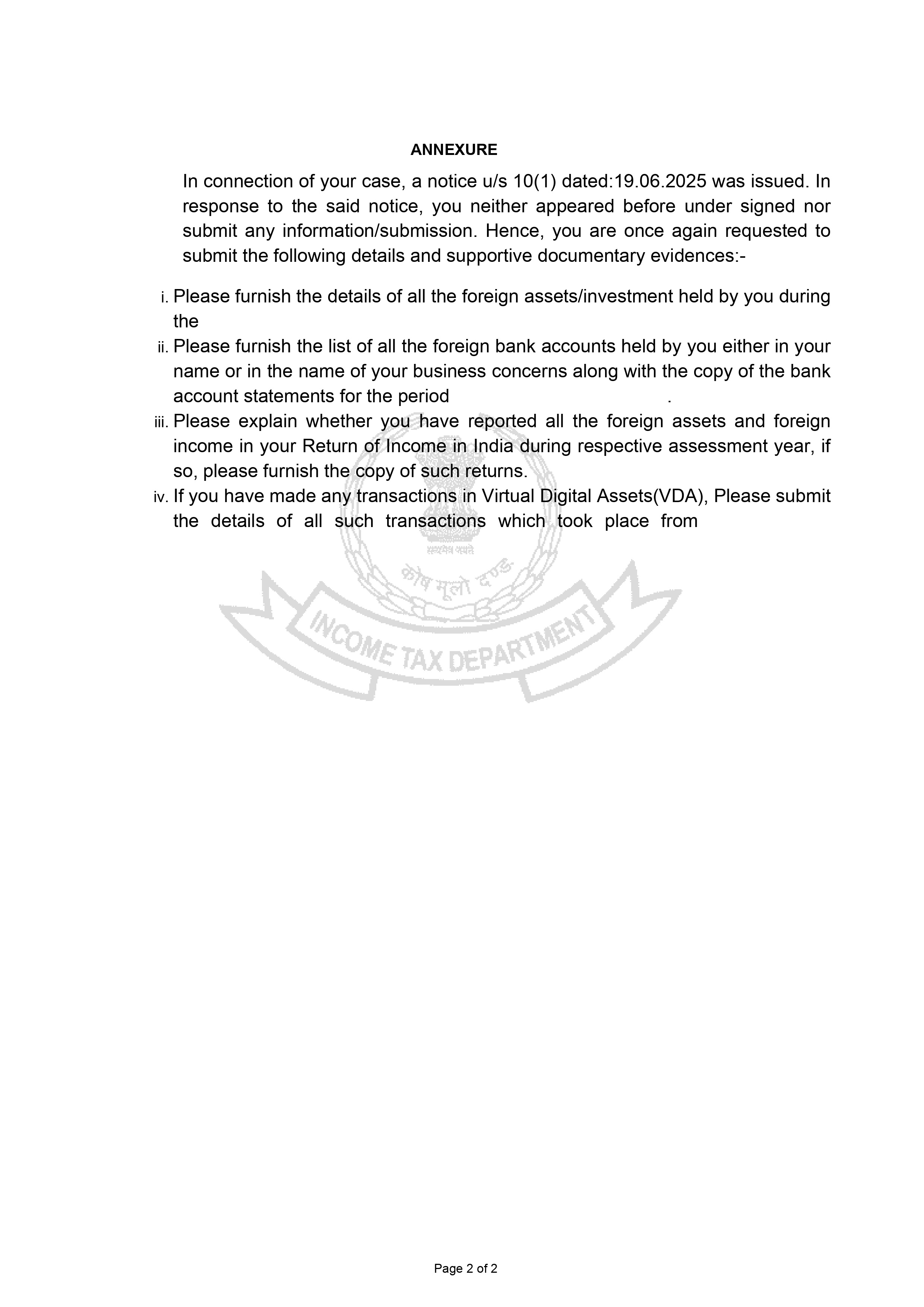 Notices under Black Money (Undisclosed Foreign Income and Assets)