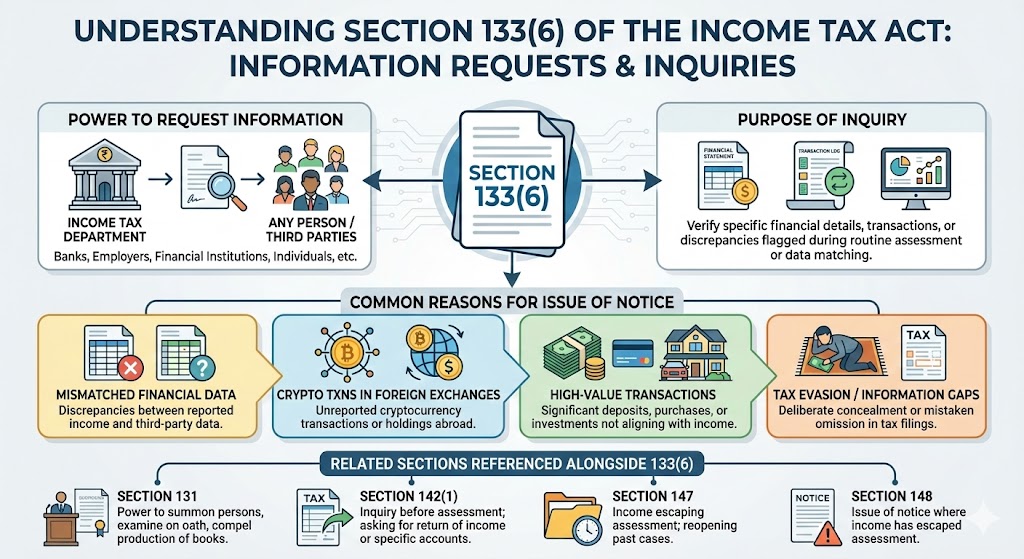An informational graphic explaining the role and implications of Section 133(6) of the Income Tax Act. The visual presents a structured layout with bold headings and concise text boxes. At the top, a title highlights that Section 133(6) empowers the Income Tax Department to request information or documents from any person, including third parties such as banks, companies, brokers, and financial platforms, whenever inquiry or verification is required. A section in the center explains that these notices are issued to validate financial details, confirm transactions, or address discrepancies identified during routine assessment, AIS/TIS matching, or profiling of taxpayer activity. Another area lists common triggers for receiving such a notice, including mismatched financial information, unreported or high-value bank transactions, large investments, suspicious patterns, tax evasion indicators, and increasingly, crypto transactions executed on foreign exchanges that may not be reflected in domestic reporting. Additional triggers include incomplete disclosures or accidental omissions in tax filings. Towards the bottom, a reference panel mentions that inquiries under Section 133(6) often work in conjunction with other provisions such as Sections 131, 142(1), 147, and 148, which allow for investigation, scrutiny, reassessment, or reopening of cases depending on the severity and nature of the financial mismatch. The graphic overall conveys that the notice is primarily a verification tool rather than an immediate penalty action.