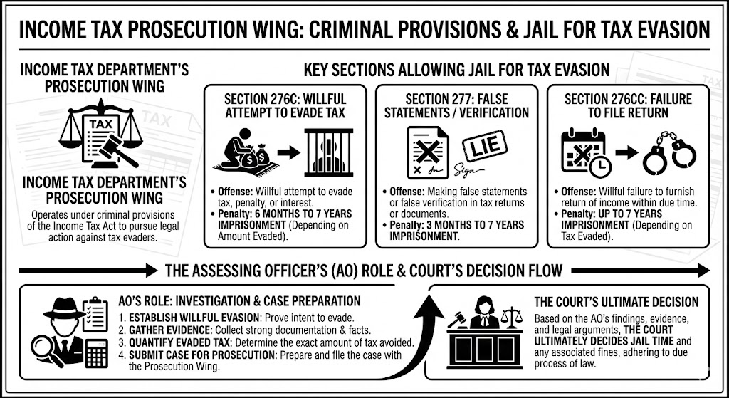 This image explains how prosecution works under the Income Tax Act when tax violations are detected. The Assessing Officer (AO) has the authority to initiate prosecution by recommending the case to the department’s Prosecution Wing, which handles criminal proceedings under the Act. Key offences that can lead to imprisonment include Section 276C, which deals with willful attempts to evade tax and carries a jail term ranging from six months to seven years depending on the amount involved; Section 277, which covers making false statements or verification and can result in imprisonment of three months to seven years; and Section 276CC, which applies to willful failure to file returns and may also lead to imprisonment of up to seven years depending on tax evaded. Before prosecution is recommended, the AO must establish deliberate evasion, collect supporting evidence, quantify the tax sought to be avoided, and document the offense. The final decision on conviction and jail time rests solely with the court.