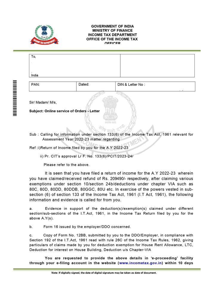 Income Tax Notice, Section 133(6), ITR verification, Form 16, Form 12BB, Chapter VI-A deductions, refund scrutiny, penalty under Section 272A