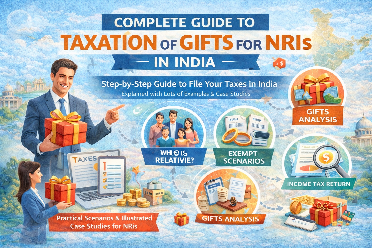 Complete Guide to Taxation of Gifts for NRIs in India. Step by Step guide to file your Taxes in India explained with lot of examples & case studies.